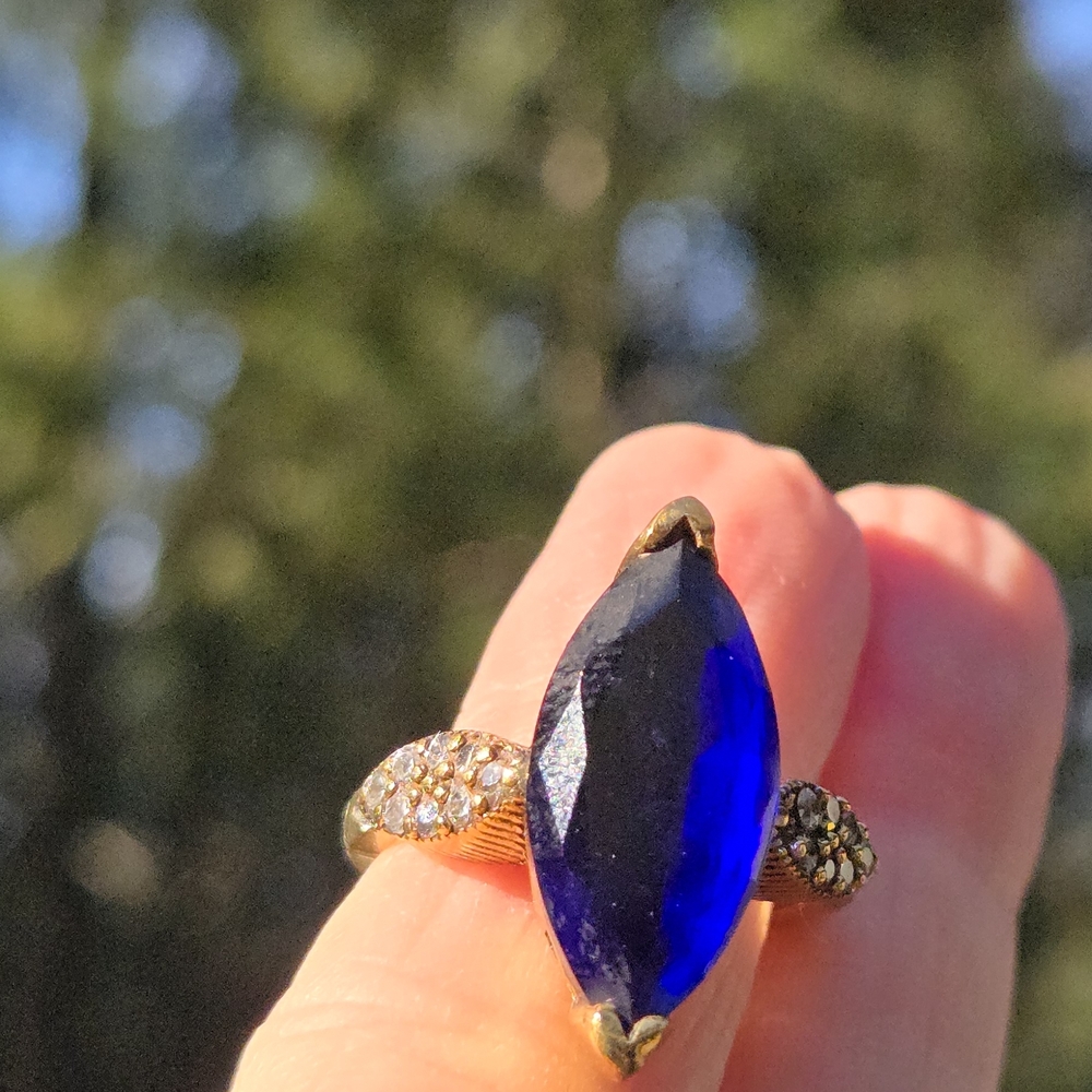 HOST PICK! 🎉Sapphire HUGE 10K Marquise &Topaz Sterling Gold & Bronze Ring Sz8.5 - Picture 3 of 8